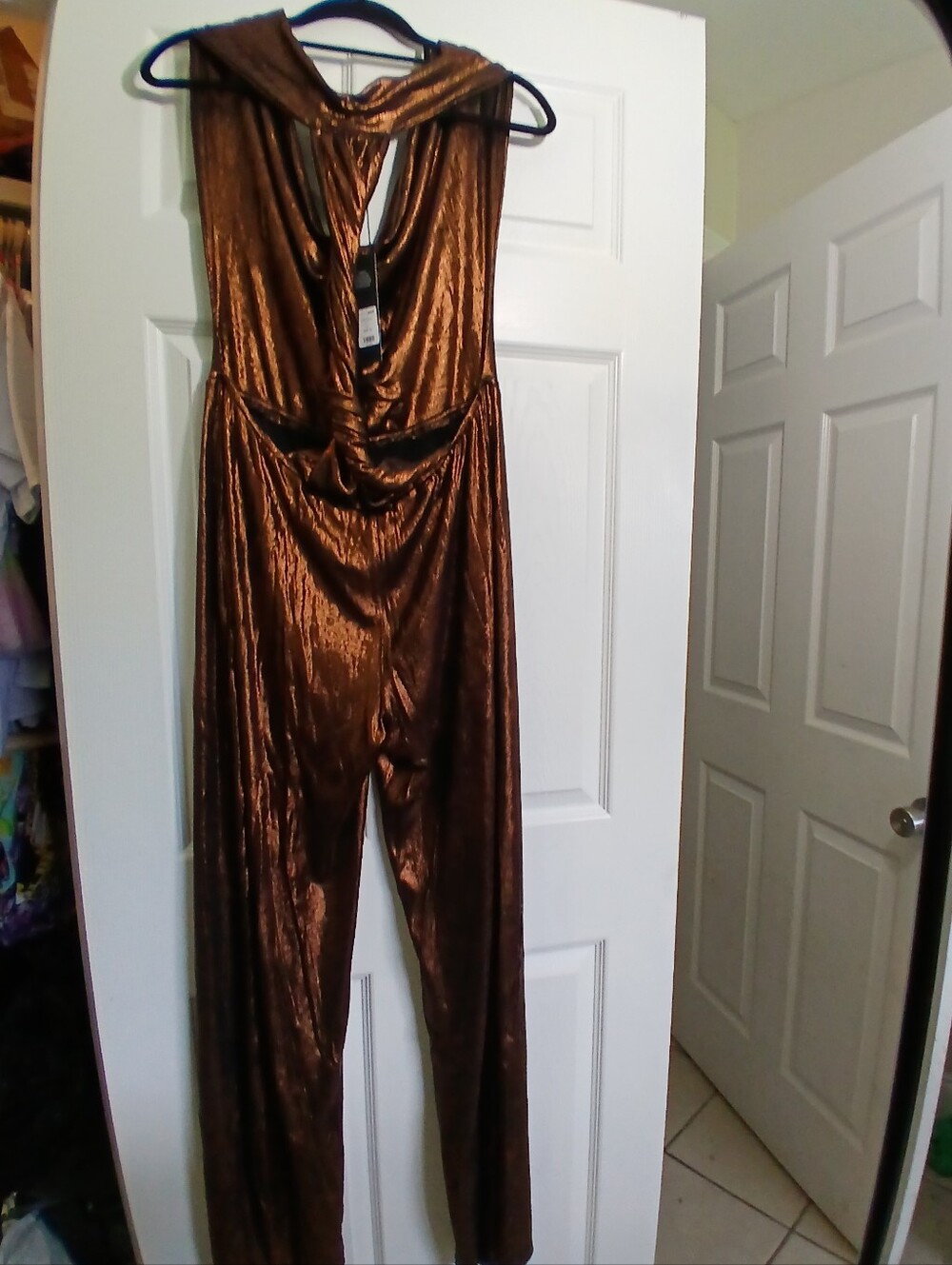 Fashion Nova Bronze Metallic Halter Jumpsuit - Picture 11 of 15